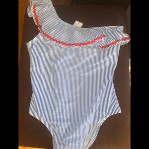 J.Crew seersucker ruffle blue & red bathing suit L